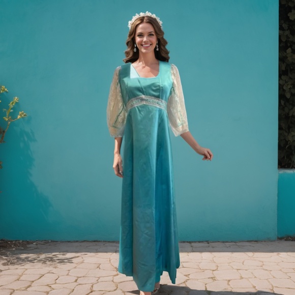 70s HANDMADE SATIN TURQUOISE BLUE SQUARE NECK MAXI DRESS LACE 3/4 SLEEVES & SASH - Picture 7 of 8